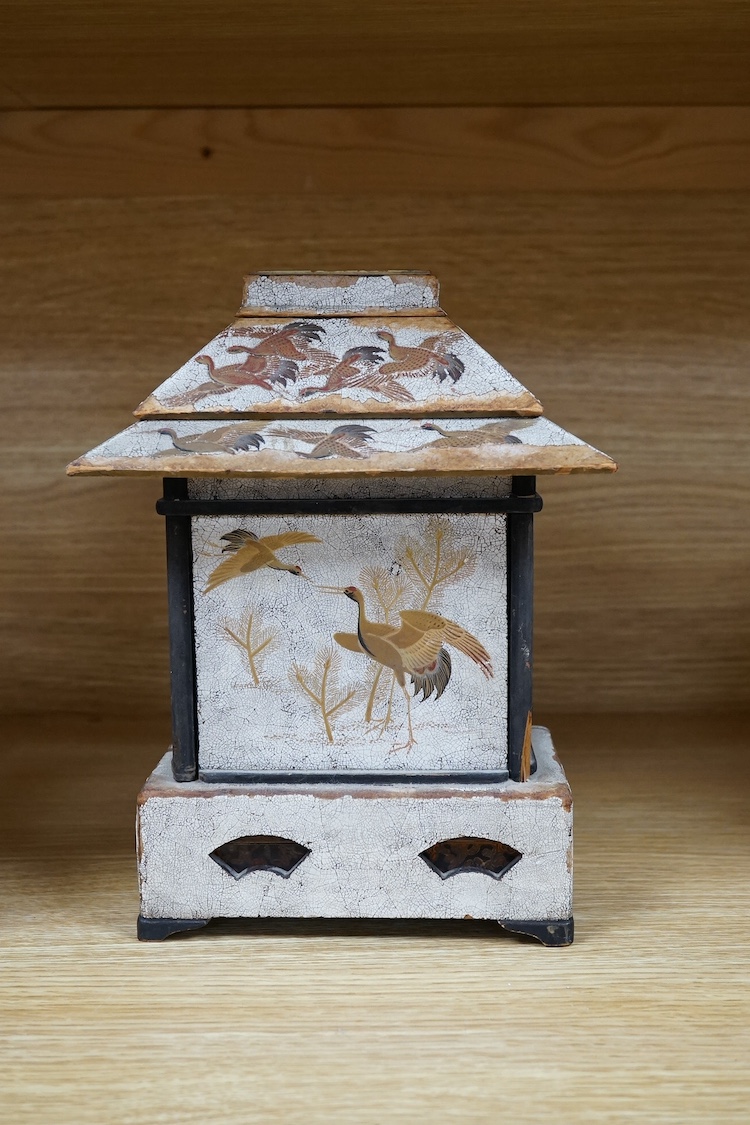 An early 20th century Japanese lacquer cabinet in the form of a temple, 23cm. Condition - fair